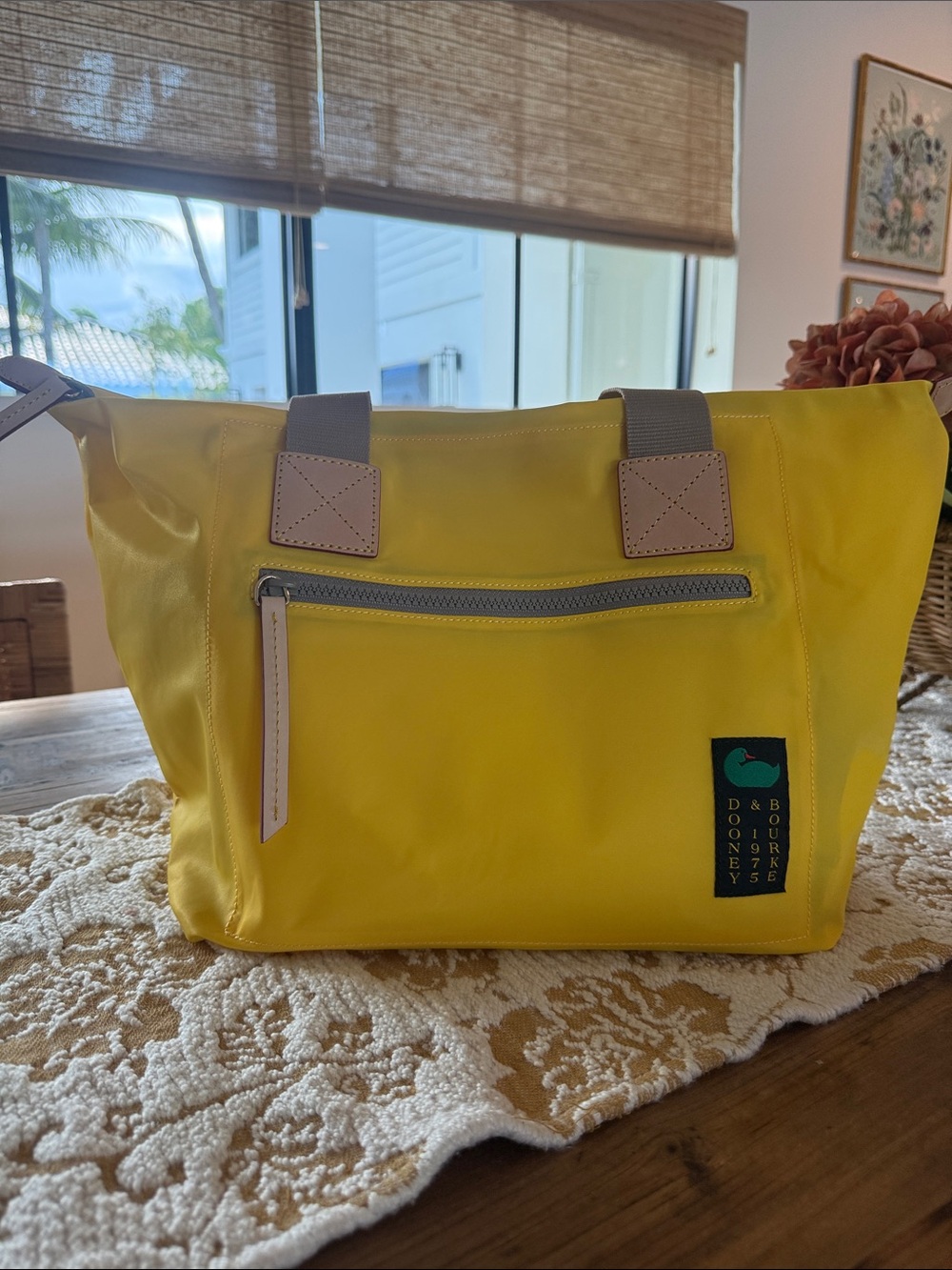 Dooney & Bourke Yellow Nylon Tote with Neutral Trim and Front Zip